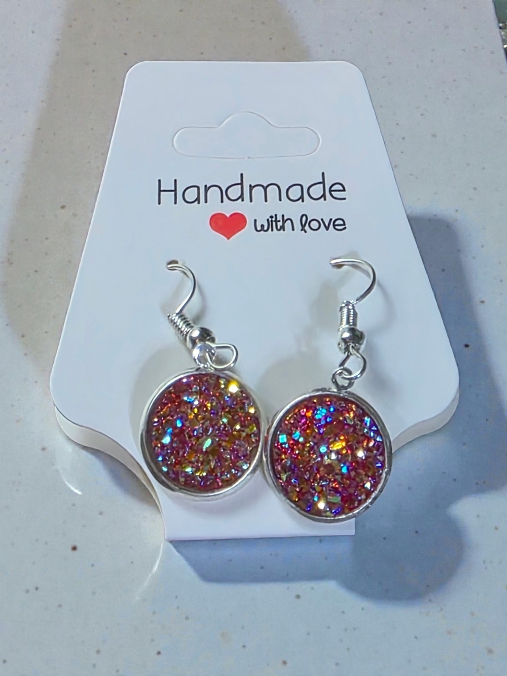 Handmade Pink Multi-Color Glitter Druzy Drop Earrings